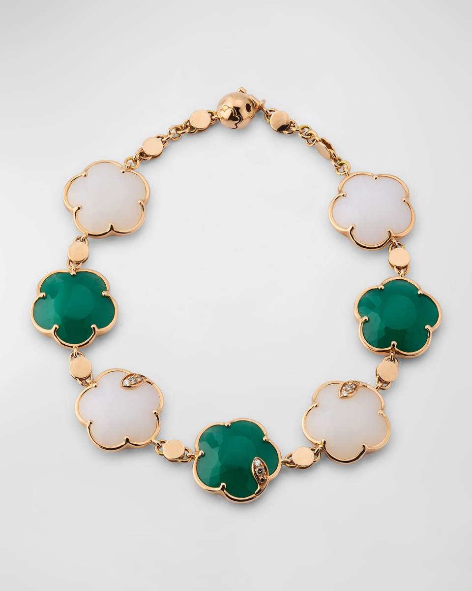 Ton Joli 18K Red Gold Green and White Agate Flower Bracelet